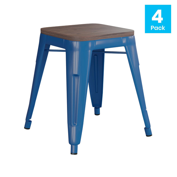 Royal Blue |#| Set of 4 Royal Blue 18inch Table Height Indoor Stackable Metal Stool with Wood Seat