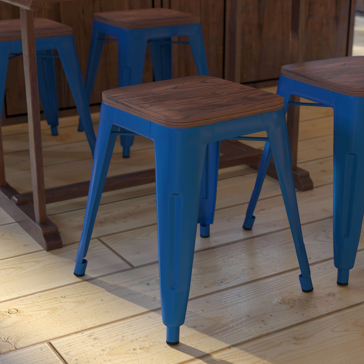 Royal Blue |#| Set of 4 Royal Blue 18inch Table Height Indoor Stackable Metal Stool with Wood Seat