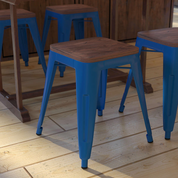 Royal Blue |#| Set of 4 Royal Blue 18inch Table Height Indoor Stackable Metal Stool with Wood Seat