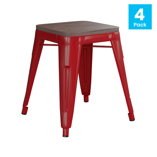 Red |#| Set of 4 Red 18inch Table Height Indoor Stackable Metal Stool with Wood Seat