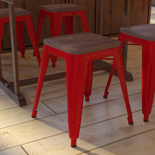 Red |#| Set of 4 Red 18inch Table Height Indoor Stackable Metal Stool with Wood Seat