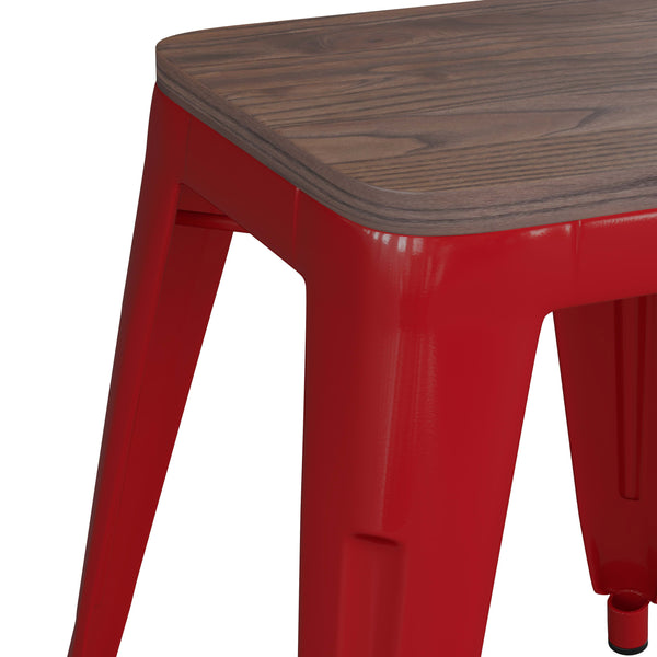 Red |#| Set of 4 Red 18inch Table Height Indoor Stackable Metal Stool with Wood Seat