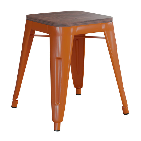 Orange |#| Set of 4 Orange 18inch Table Height Indoor Stackable Metal Stool with Wood Seat