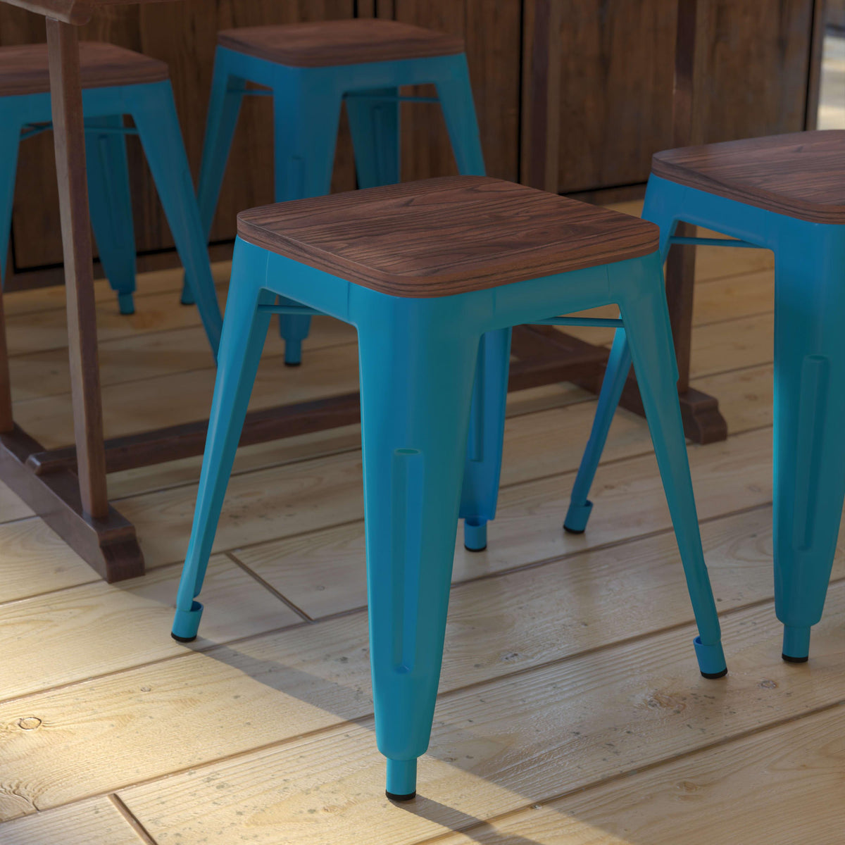 Teal |#| Set of 4 Teal 18inch Table Height Indoor Stackable Metal Stool with Wood Seat