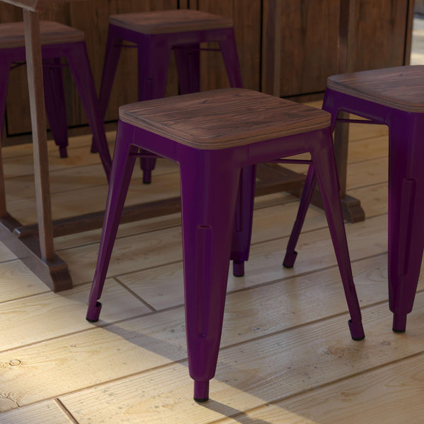 Purple |#| Set of 4 Purple 18inch Table Height Indoor Stackable Metal Stool with Wood Seat