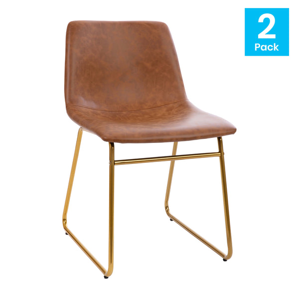 Light Brown LeatherSoft/Gold Frame |#| 18 Inch Indoor Dining Table Chairs, Light Brown LeatherSoft/Gold Frame-Set of 2