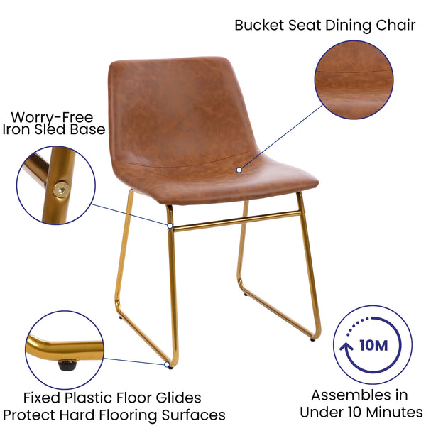 Light Brown LeatherSoft/Gold Frame |#| 18 Inch Indoor Dining Table Chairs, Light Brown LeatherSoft/Gold Frame-Set of 2