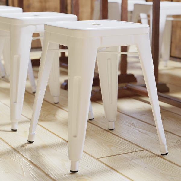 White |#| 18 Inch Table Height Indoor Stackable Metal Dining Stool in White-Set of 4