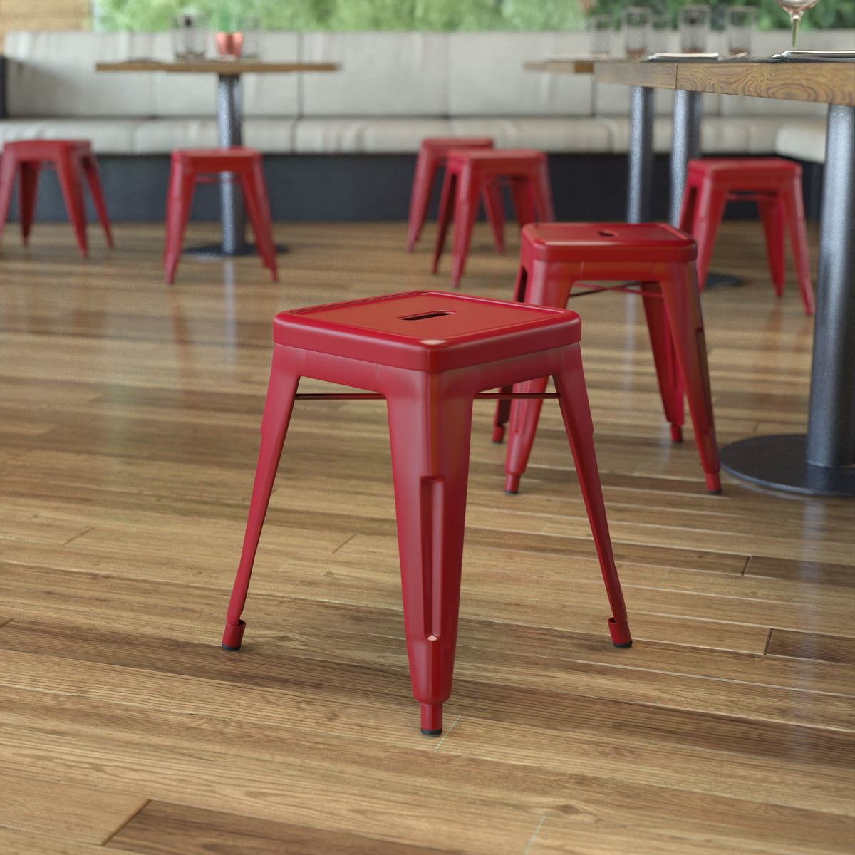 Red |#| 18 Inch Table Height Indoor Stackable Metal Dining Stool in Red-Set of 4