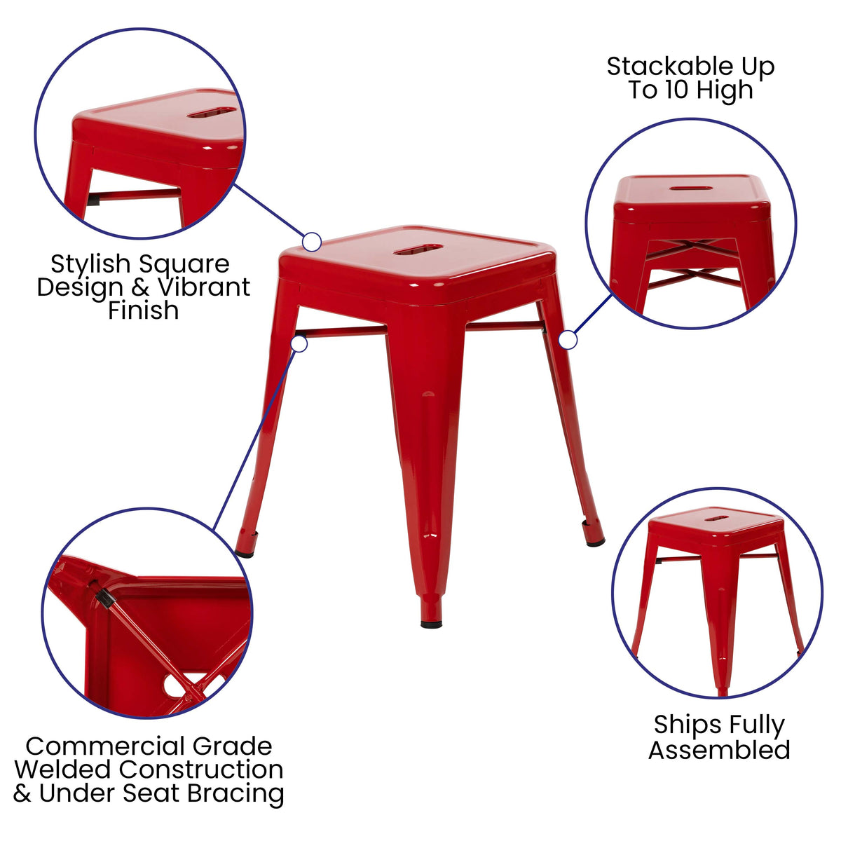 Red |#| 18 Inch Table Height Indoor Stackable Metal Dining Stool in Red-Set of 4