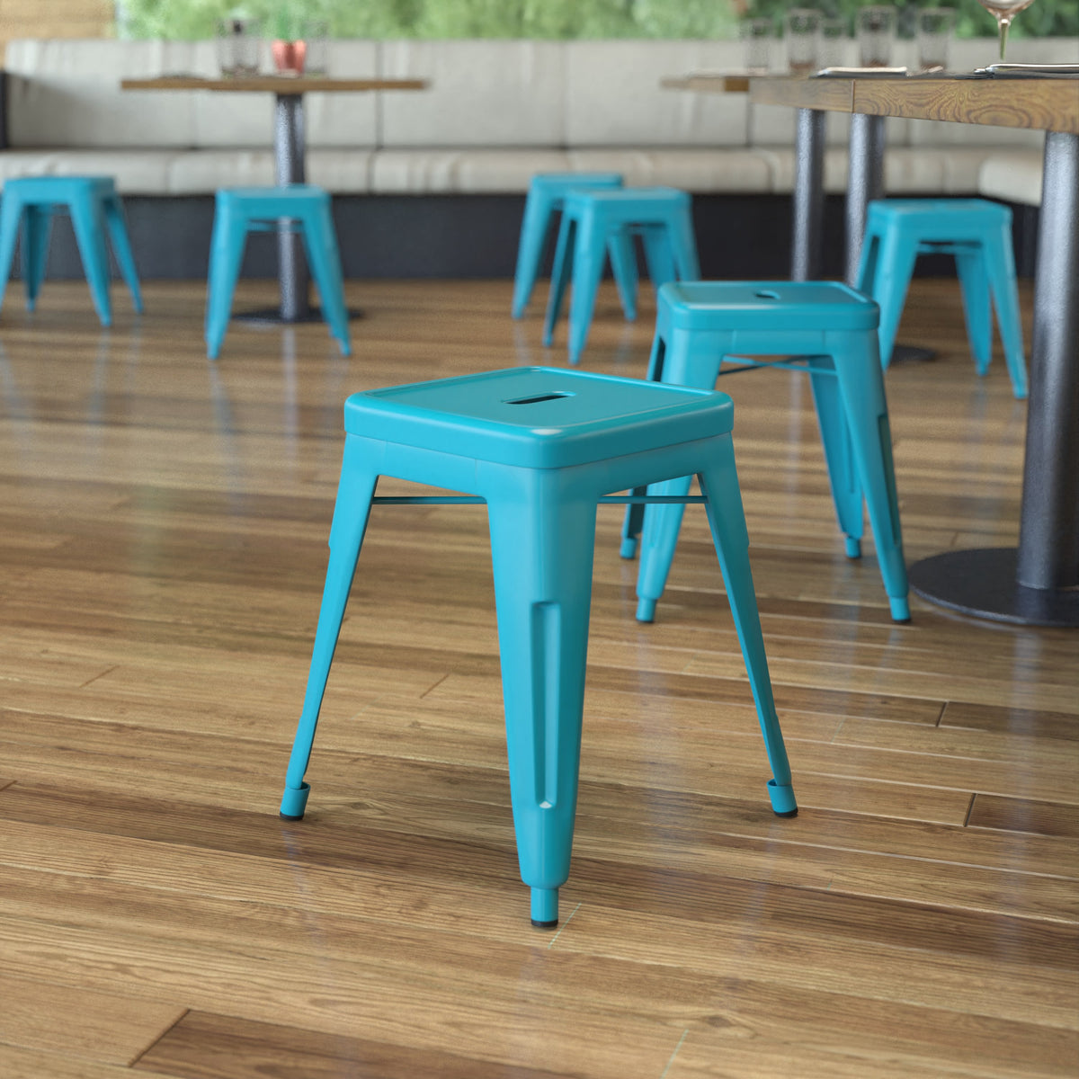 Teal |#| 18 Inch Table Height Indoor Stackable Metal Dining Stool in Teal-Set of 4