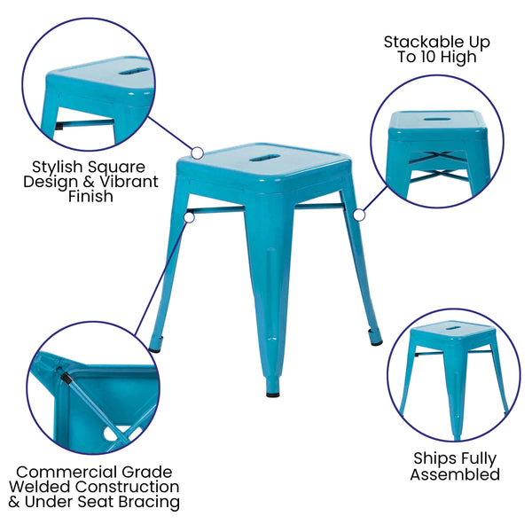 Teal |#| 18 Inch Table Height Indoor Stackable Metal Dining Stool in Teal-Set of 4