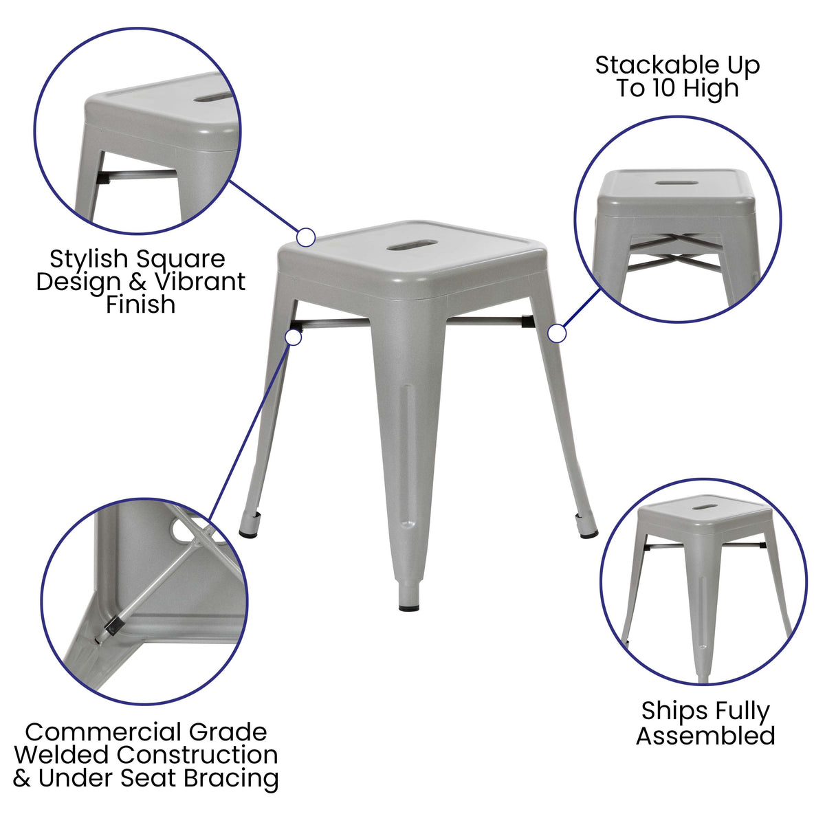 Silver |#| 18 Inch Table Height Indoor Stackable Metal Dining Stool in Silver-Set of 4