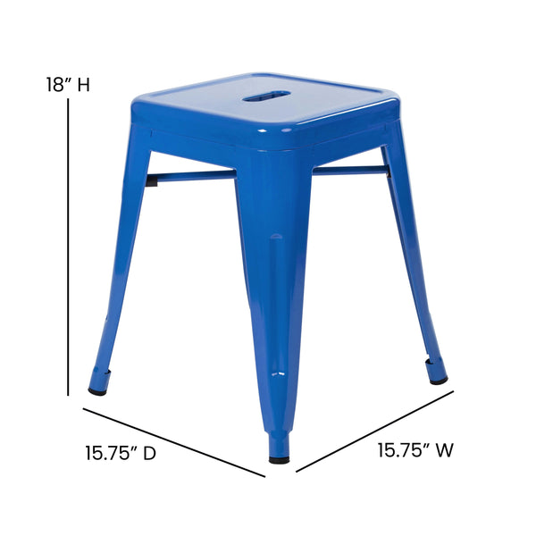 Royal Blue |#| 18 Inch Table Height Indoor Stackable Metal Dining Stool in Royal Blue-Set of 4