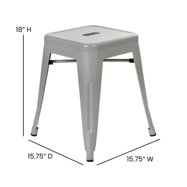 Silver |#| 18 Inch Table Height Indoor Stackable Metal Dining Stool in Silver-Set of 4