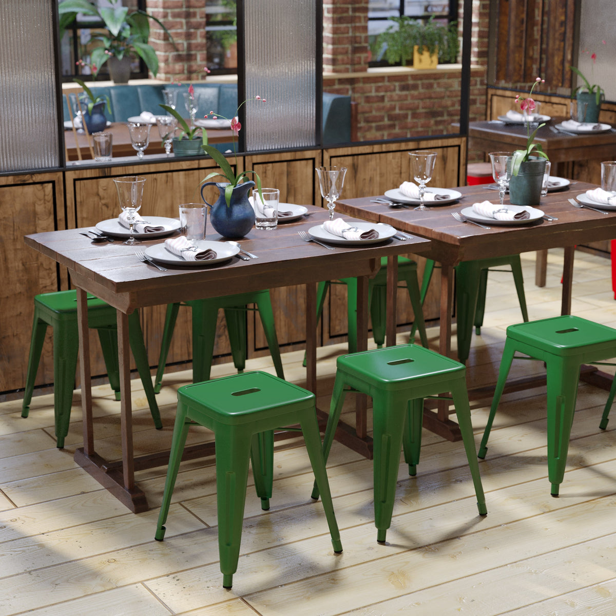 Green |#| 18 Inch Table Height Indoor Stackable Metal Dining Stool in Green-Set of 4