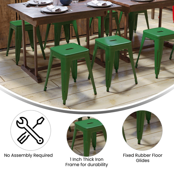 Green |#| 18 Inch Table Height Indoor Stackable Metal Dining Stool in Green-Set of 4