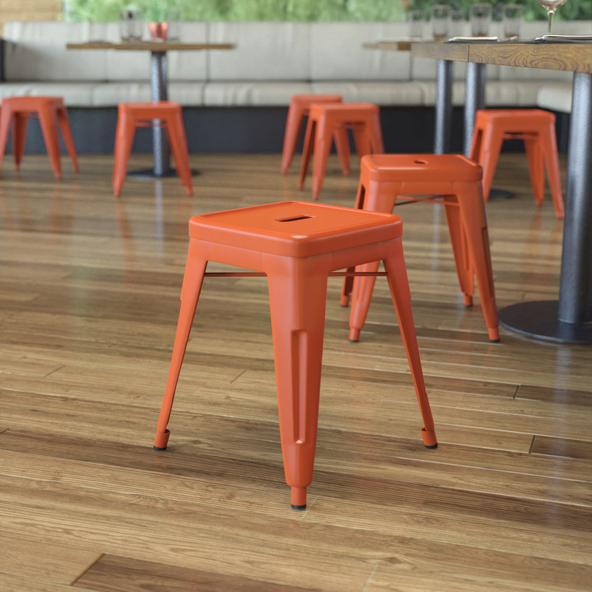 Orange |#| 18 Inch Table Height Indoor Stackable Metal Dining Stool in Orange-Set of 4