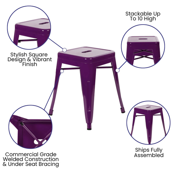Purple |#| 18 Inch Table Height Indoor Stackable Metal Dining Stool in Purple-Set of 4