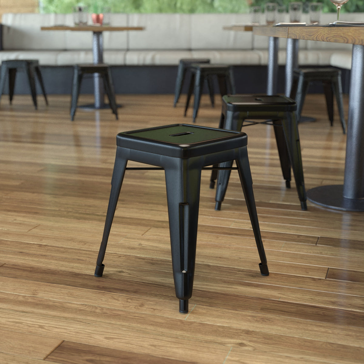 Black |#| 18 Inch Table Height Indoor Stackable Metal Dining Stool in Black-Set of 4