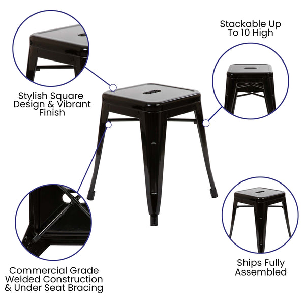 Black |#| 18 Inch Table Height Indoor Stackable Metal Dining Stool in Black-Set of 4