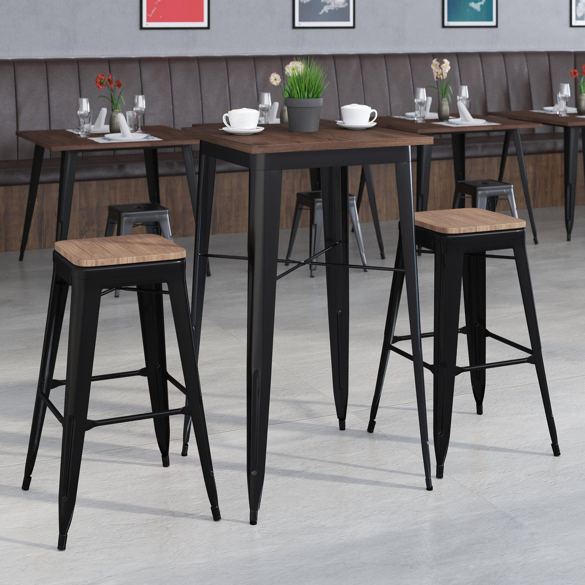 Black |#| 23.5inch Square Black Metal Bar Table Set with Wood Top and 2 Backless Stools