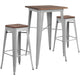 Silver |#| 23.5inch Square Silver Metal Bar Table Set with Wood Top and 2 Backless Stools