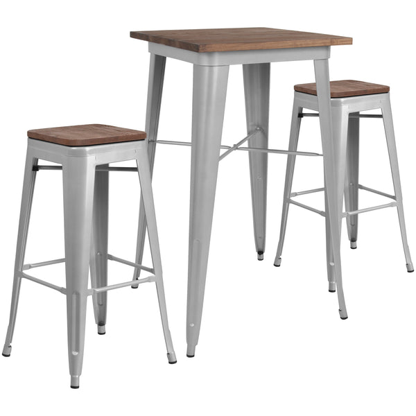 Silver |#| 23.5inch Square Silver Metal Bar Table Set with Wood Top and 2 Backless Stools