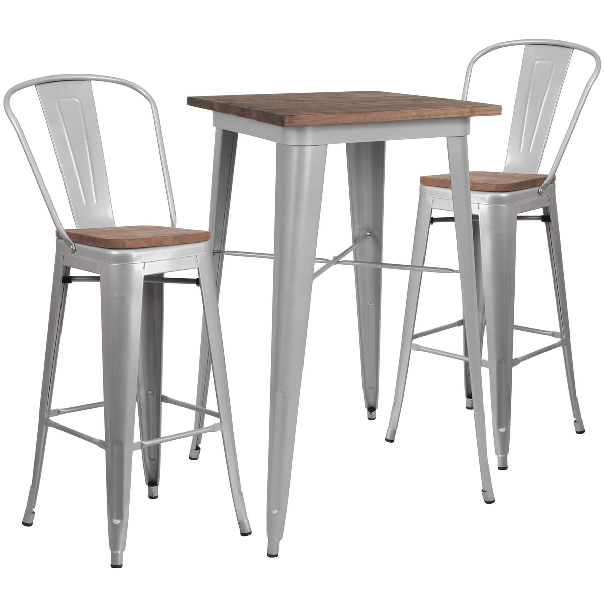 Silver |#| 23.5inch Square Silver Metal Bar Table Set with Wood Top and 2 Stools