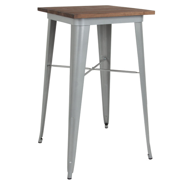 Silver |#| 23.5inch Square Silver Metal Indoor Bar Height Table with Walnut Rustic Wood Top