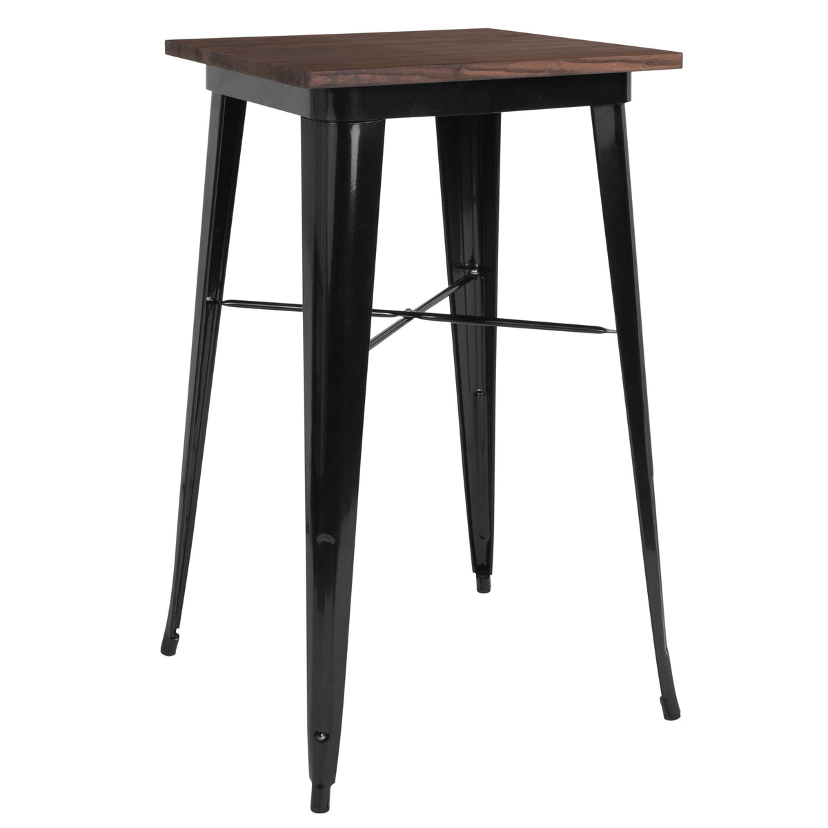 Black |#| 23.5inch Square Black Metal Indoor Bar Height Table with Walnut Rustic Wood Top