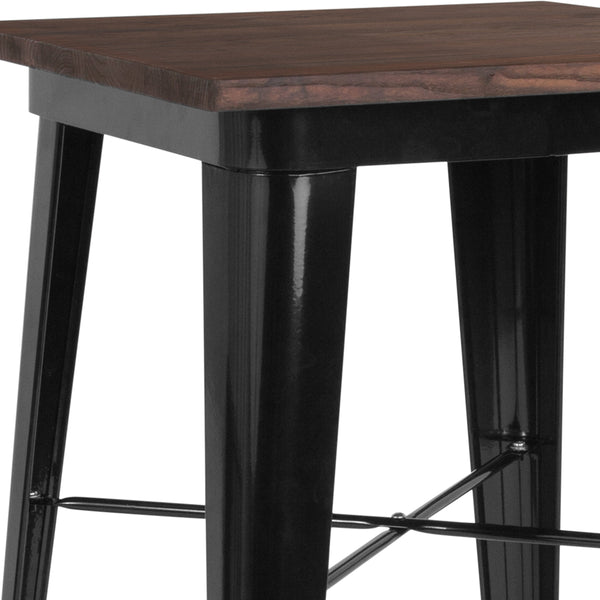 Black |#| 23.5inch Square Black Metal Indoor Bar Height Table with Walnut Rustic Wood Top