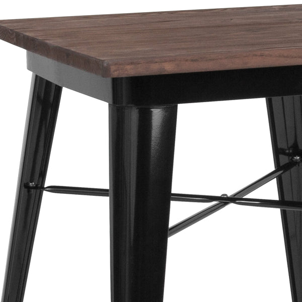 Black |#| 23.5inch Square Black Metal Indoor Table with Walnut Rustic Wood Top