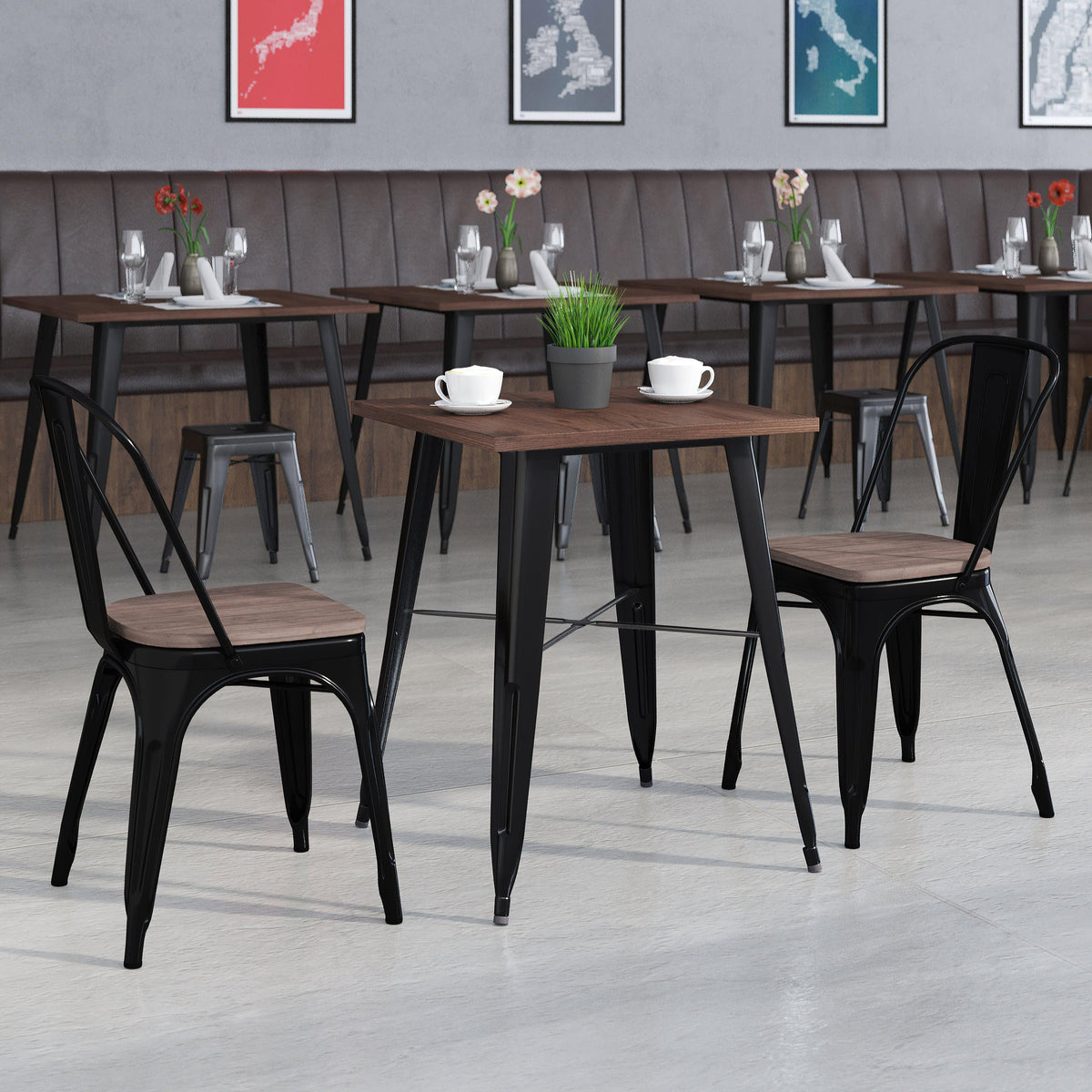 Black |#| 23.5inch Square Black Metal Table Set with Wood Top and 2 Stack Chairs