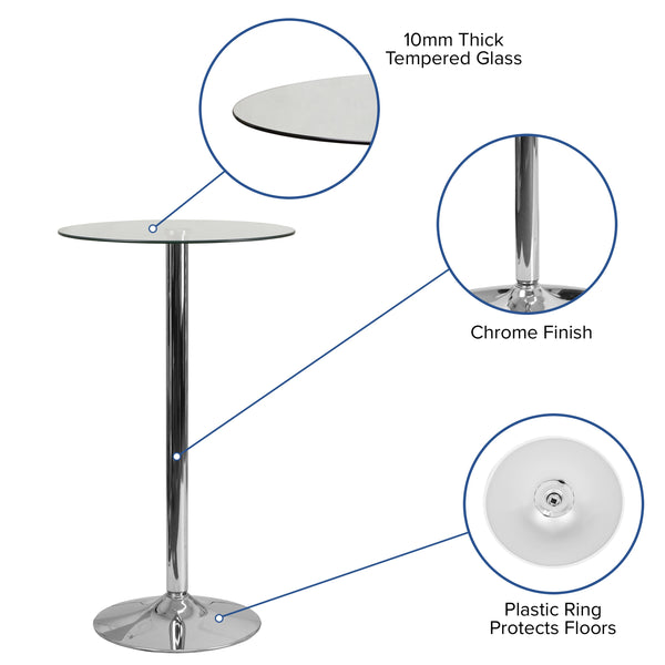 23.5inch Round Glass Table with 35.5inchH Chrome Base - Pedestal Table - Event Table