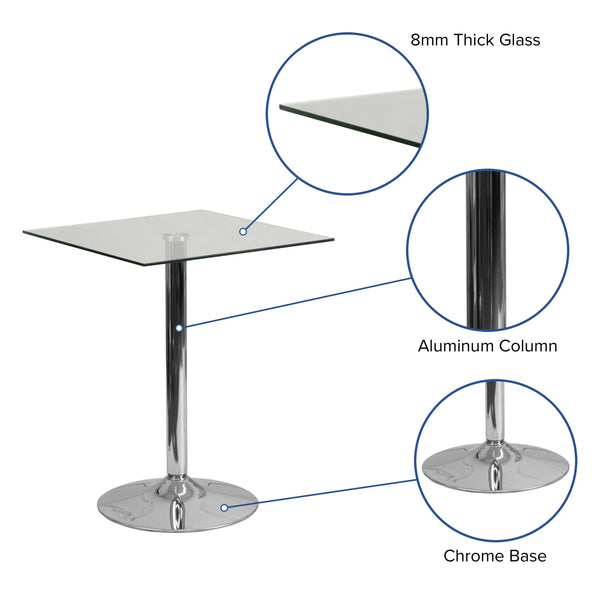 23.75inch Square Glass Table with 30inchH Chrome Base - Event and Cocktail Table