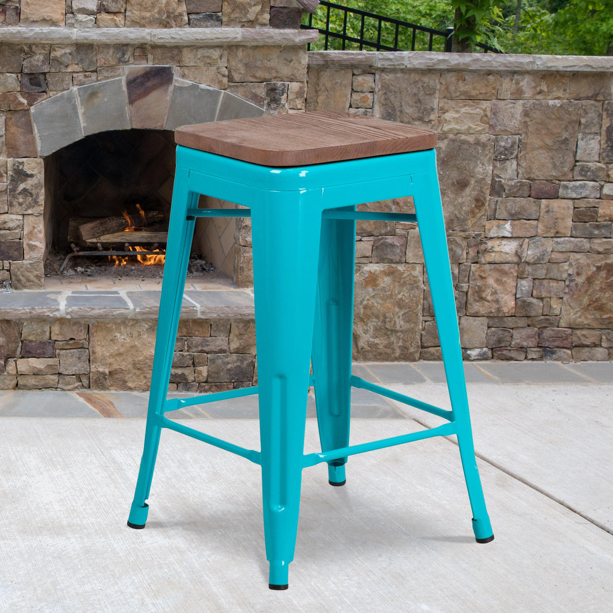 Crystal Teal-Blue |#| 24inch High Backless Crystal Teal-Blue Counter Height Stool with Square Wood Seat