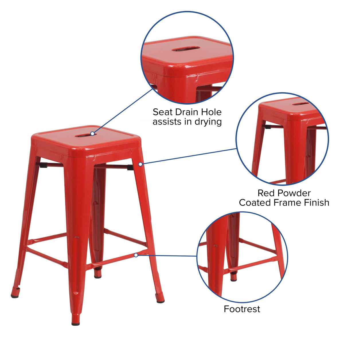 Red |#| 24inch High Backless Red Metal Counter Height Stool with Square Wood Seat