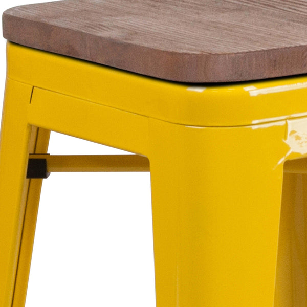 Yellow |#| 24inch High Backless Yellow Metal Counter Height Stool with Square Wood Seat