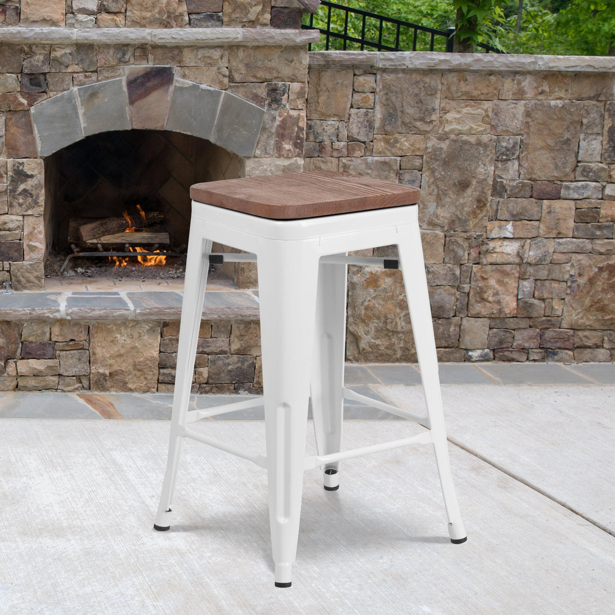 White |#| 24inch High Backless White Metal Counter Height Stool with Square Wood Seat