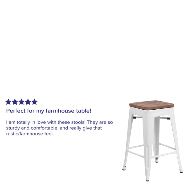 White |#| 24inch High Backless White Metal Counter Height Stool with Square Wood Seat