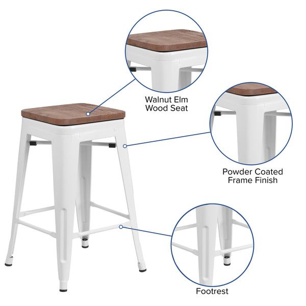 White |#| 24inch High Backless White Metal Counter Height Stool with Square Wood Seat