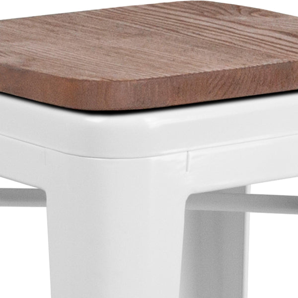 White |#| 24inch High Backless White Metal Counter Height Stool with Square Wood Seat