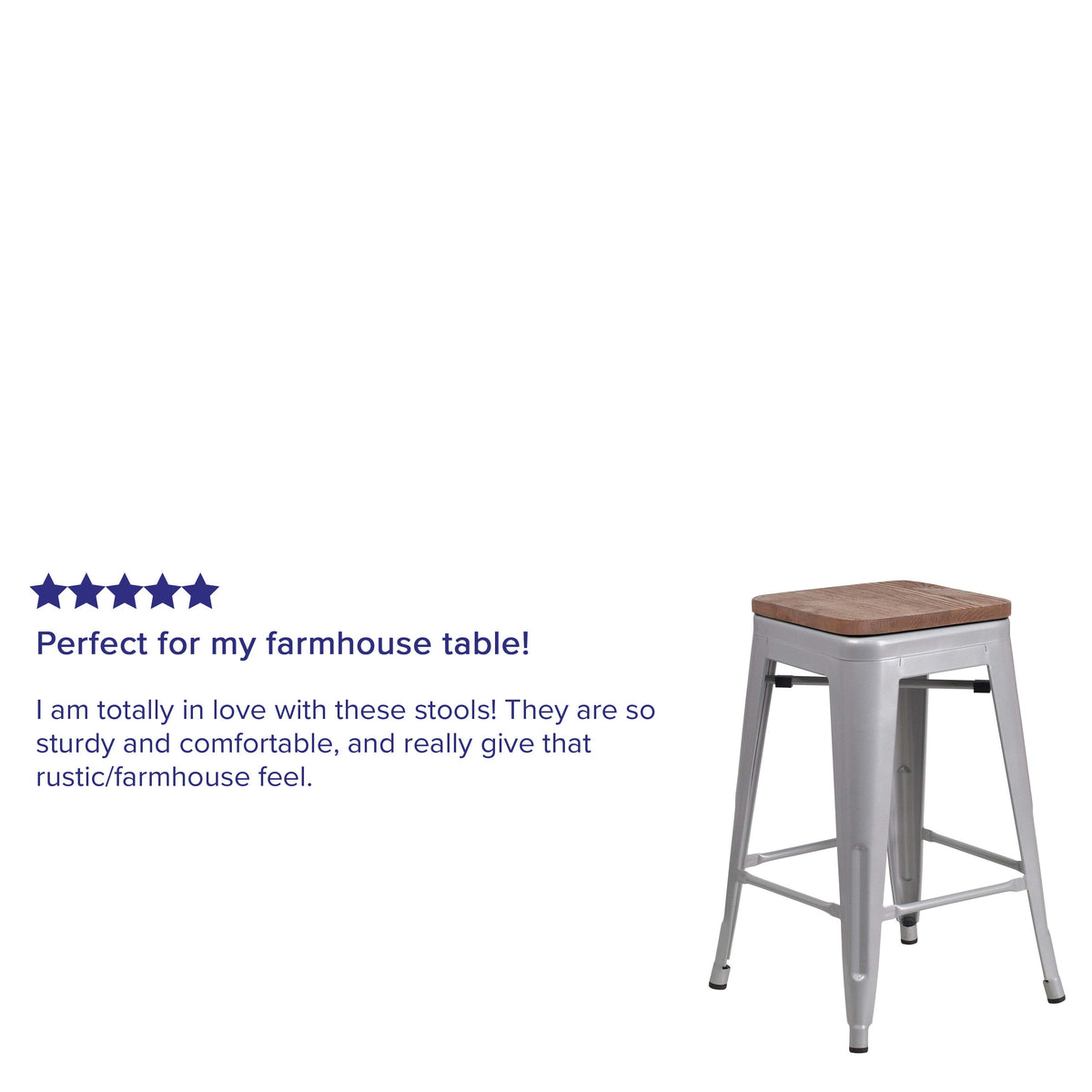 Silver |#| 24inch High Backless Silver Metal Counter Height Stool with Square Wood Seat