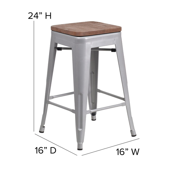 Silver |#| 24inch High Backless Silver Metal Counter Height Stool with Square Wood Seat