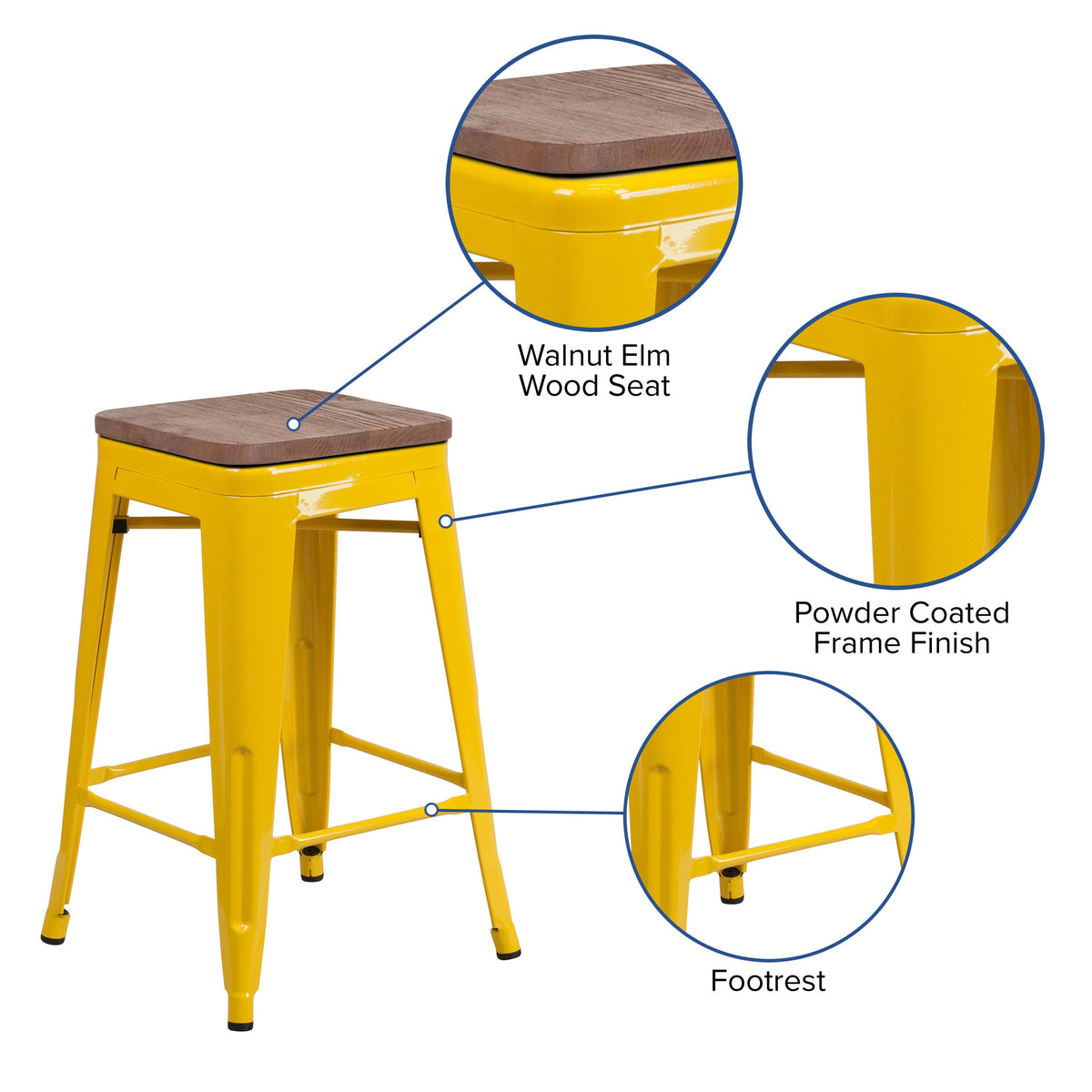 Yellow |#| 24inch High Backless Yellow Metal Counter Height Stool with Square Wood Seat