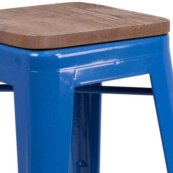 Blue |#| 24inch High Backless Blue Metal Counter Height Stool with Square Wood Seat