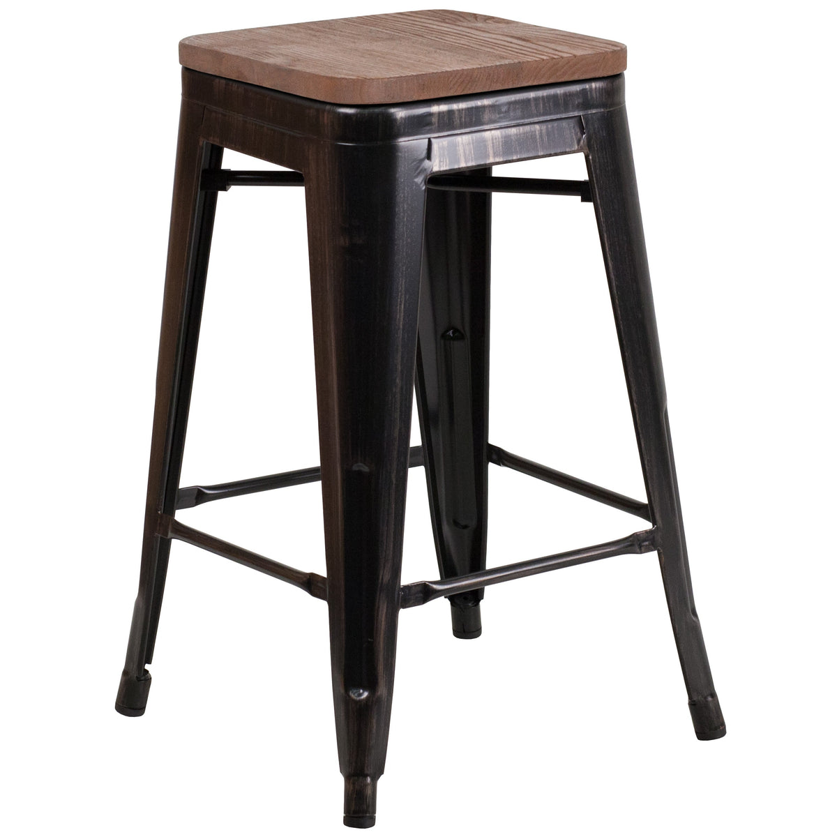 Black-Antique Gold |#| 24inch High Backless Black-Gold Metal Counter Height Stool with Square Wood Seat