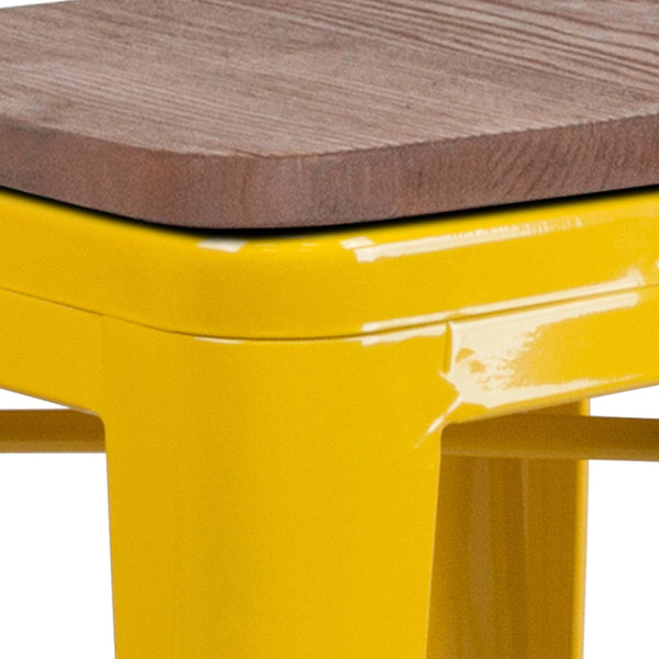 Yellow |#| 24inch High Backless Yellow Metal Counter Height Stool with Square Wood Seat