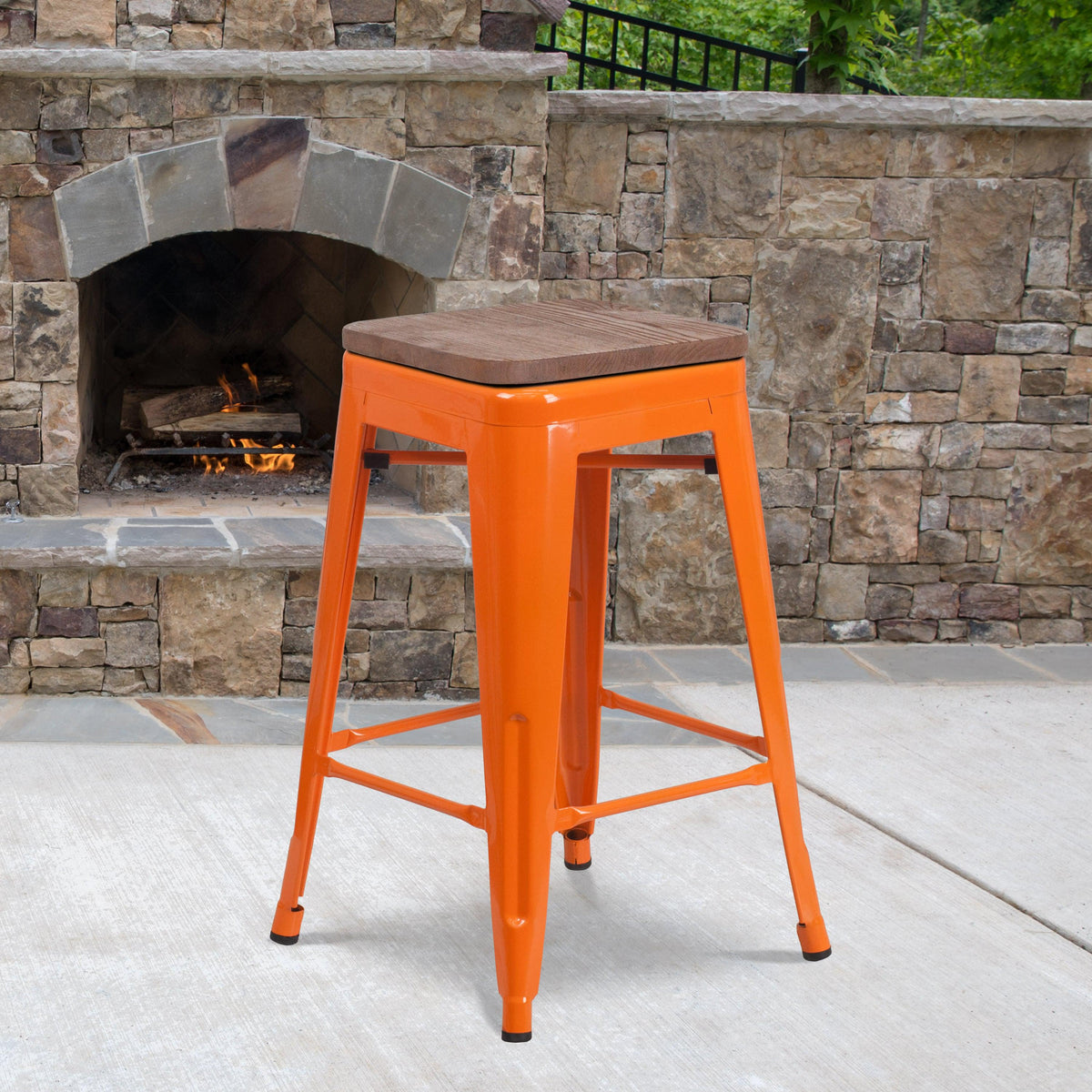 Orange |#| 24inch High Backless Orange Metal Counter Height Stool with Square Wood Seat